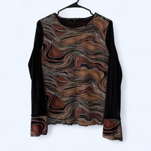 ZNV Wave Swirl Print Mesh Long Sleeve Top Brown Black White